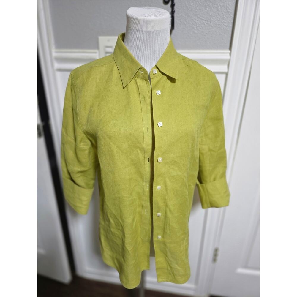Talbots 100% Linen Shirt Women’s Size 10 Green Button Up Roll Tab Sleeve